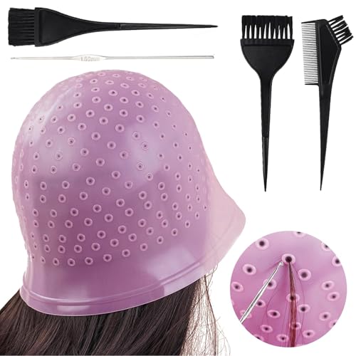 Silikon Highlight Kappe Strähnchenhaube Haare Färben Hervorhebung Silikon Strähnchenhaube Set Stränchen Haube mit Pinseln und Nadel für Frauen und Mädchen Bläst (Durchsichtiges Pink)