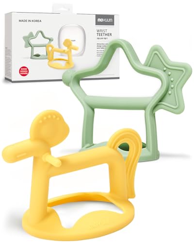 Image of MOYUUM Wrist Teether Gift Set 100% Silicone, Wearable Type Baby Chew Toy Baby Gift for Newborn, Roly Poly Toy, Silicone Teething Toys for Infant and Toddler, Bracelet Type (Star Sage, Pony Yellow)