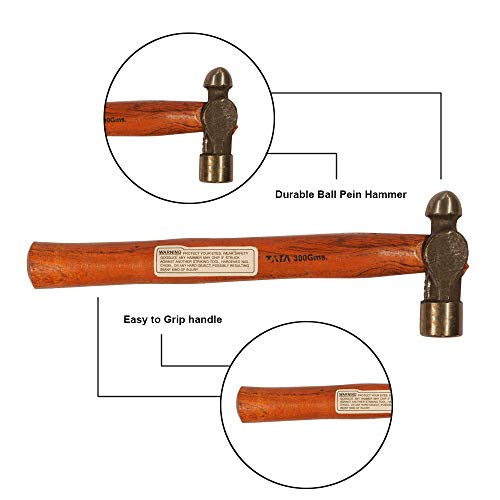 Image of Tata Agrico Ball Point Hammer 300g | High Carbon Steel Head | Polished Face & Peen | Wooden Handle | Ideal for Mechanics, Engineers, Garage & DIY Metalwork