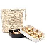 【Was Gibr Es Im Verpackung】2 Seifenschalen aus Naturbambus in Schwarz & Weiß + 2 Seifensäckchen aus Natursisal.