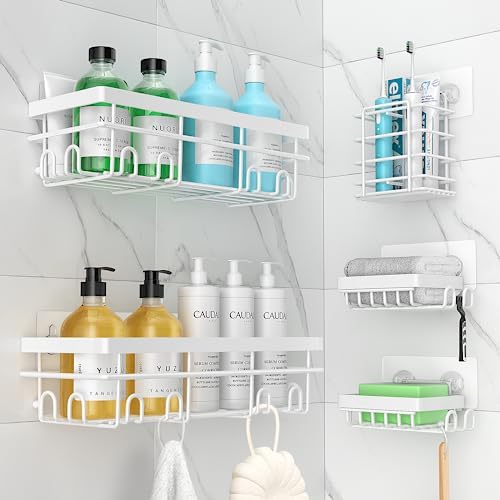 POKIPO Shower Caddy 5 Pack, Adhesive Shower Organizer with Soap Dishes & Toothbrush Holder & 20 Hooks, Large Rustproof Stainless Steel Bathroom Shower Shelf for Inside Shower Storage Decor, White
