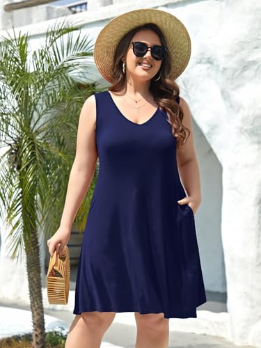 Image of BELAROI Women Casual Summer Beach Dresses Plus Size Sundress V Neck Pockets Swing Tank Dress Cover Ups
