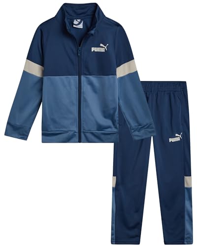 PUMA Boys Pants Set - 2 Piece Lightweight Tricot Zip Up Toddler Boys Sweatshirts and Kids Sweatpants Clothing Set, Size 4, Dark Indigo/Blue