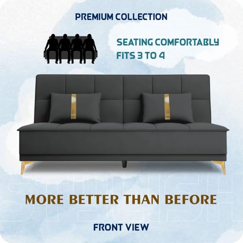 Image of Adorn India Premium New Alyssum 3 Seater Sofa Cum Bed 4X6 Velvet Suede with 2 Cushions (Color Dark Grey) and Suitable for All Indoor, with 3 Years Warranty