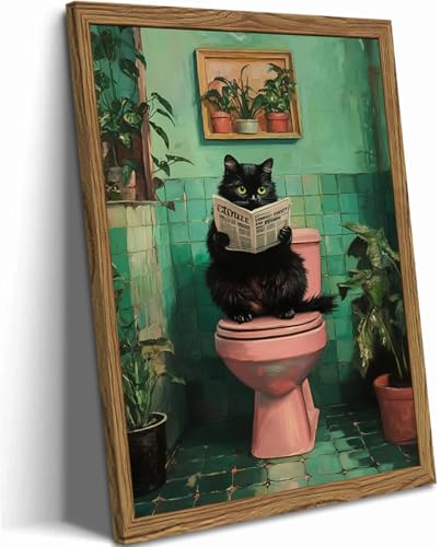 Funny Bathroom Cat Wall Art, Humorous Black Cat Restroom Wall