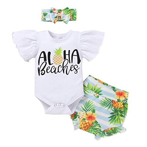 IMEKIS Aloha Beaches Pineapple Outfit Baby Girl Ruffle Sleeve Romper Shorts Pants Headband Hawaii Summer Themed fruits 1st Birthday Coming Home Clothes Newborn Hawaiian Themed Baby Shower 0-3 Months