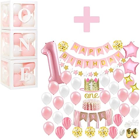 1st Birthday Balloon Boxes WITH 24 Balloons + 1st Birthday Girl Decorations Pack Bundle by PartyHooman Cover