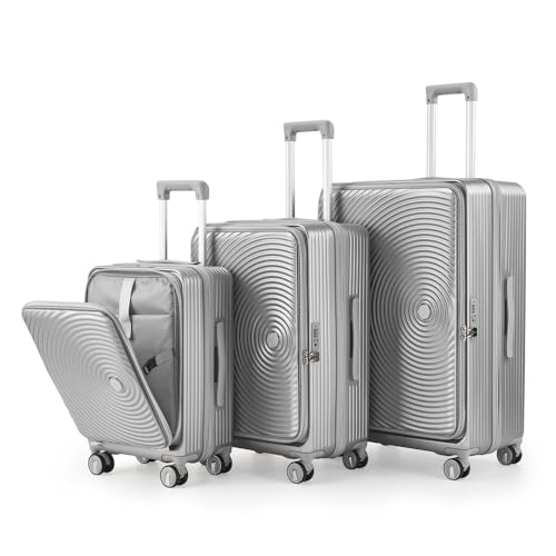 Luggage Sets 3 Piece(20/24/28), Expandable Carry On Luggage with TSA Lock Airline Approved, 100% PC Hard Shell and Lightweight Suitcase with Front Pocket and Spinner Wheels (Silver)