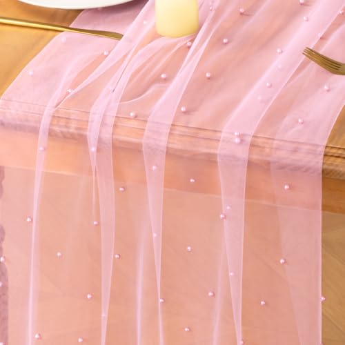 Image of MLMC Pink Pearl Table Runner Boho Rustic Tulle Table Runner with Pearls 10ft 29 inchx120 inch Cheesecloth Table Decor for Wedding Anniversary Baby Shower Home Decoration
