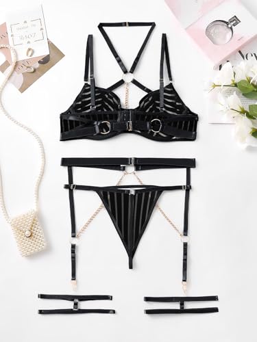 Image of Lilosy Sexy Pu Leather Strappy Underwire Garter Belt Lingerie Set
