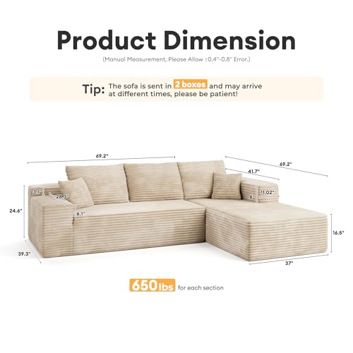 Image of HOOOWOOO Sectional L Shaped Couch,106 inch Assembly Free Modern Minimalist Sofa,Extra Deep Large Corner Sofa Couch Set in A Box for Living Room(Right Chaise Beige Velvet Uphosted)