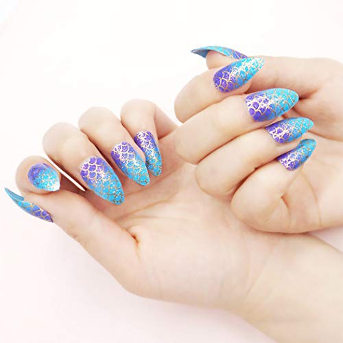 Sethexy Stiletto False Nail Medium Bling Fake Nails Glitter Acrylic Art Fake Nail Tips 24Pcs Full Press on Nails for Women and Girls (Blue)