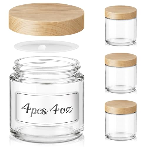 4oz Small Glass Jar with Lid 4 Pack Clear Cosmetic Jar with Wood-Grain Lid