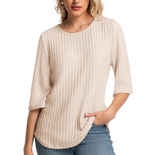 MAGICATELIER Women Fall Sweaters 3/4 Sleeve Loose Fit Tunic Tops Crewneck Dressy Casual Oversized Business Blouses 2026 Off-white