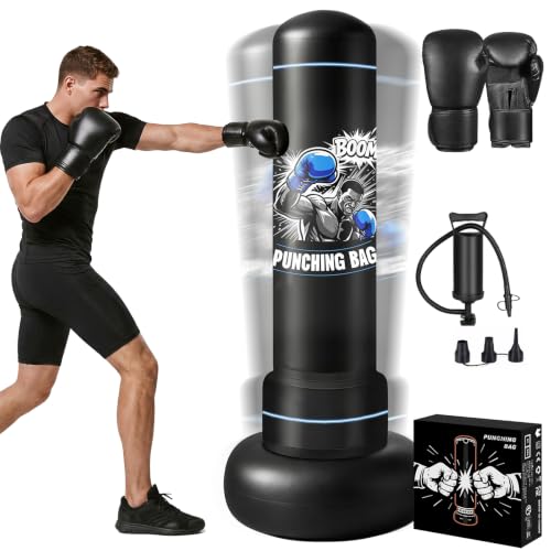 Saco de Boxeo Adulto 180cm, Qoosea Saco Boxeo de Pie Inflable con Guantes, Punching Ball Mujeres Hombres, Kickboxing Bolsa para Entrenamiento Karate MMA Taekwondo Thai Fitness