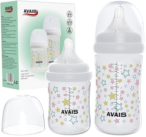 AVAIS - Anti Colic Baby Bottles – 150ml & 240ml – Natural Feeding Design for Breastfed Babies | Small & Medium Flow Teats (Size 1 & 2) | Reduce Nipple Confusion | Easy Start Milk Feeding Bottle Set –Pack of 2 - -9%