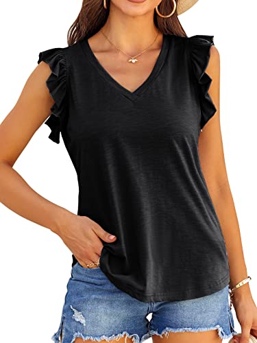 Valphsio Womens Casual V Neck Blouse Tops Frilled Ruffles Solid Sleeveless Tanks