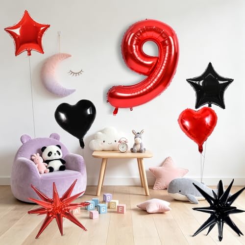 Image of TONIFUL 9th Birthday Balloons Kit 40 Inch Red Large Number 9 Foil Balloon | with 18Inch Helium Mylar Heart Star Balloons for Kids Women Men Birthday Anniversary Graduation New Year Eve Party Decoration