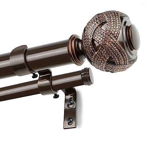 1 Inch Double Curtain Rods 72 to 144 Inches (6 to 12 ft), USFOOK Bronze Drapery Rods for Windows 69 to 140 Inches, Telescoping Dual Curtain Rod with Woven Leaf Finials