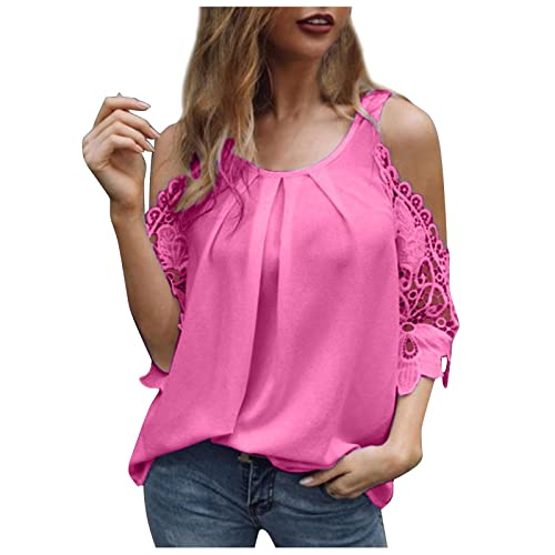 Shirt Damen Sexy Spitze Schulterfrei Tshirt Damen Kurzarm Bluse Damen Spitzenhemdchen Damen Spitzenshirt Damen Hohlloch Einfarbige Tshirts Damen Casual T Shirt Damen Lockere Shirts Damen Tops Cover