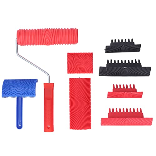 9 Pcs Strumento per la Pittura di Venature del Legno con Manico, Rullo per Modelli in Legno di Gomma Strumento per Granitura Portatile per Fai da Te Grana di Legno Furnture Decorazione della Parete