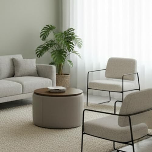 Image of Elegant Round Coffee Table with Wooden Top & Storage Ottoman | Modern Centre Tea Table for Living Room | Farmhouse Wood Drum Coffee Table Furniture for Home & Lounge | Grey Finish