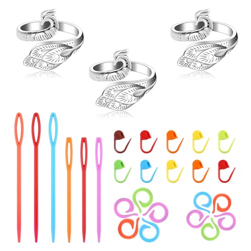 Yizzvb 3 Pcs Crochet Ring+30Pcs Stitch Markers 6 Large Eye Blunt Needles Adjustable Tension Rings for Finger Yarn Knitting & Crochet Accessories Set for DIY Crafts Crocheters Knitters