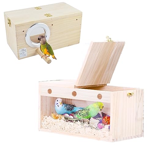 Image of Parakeet Nesting Box Pine Wood Breeding Box Bird House for Cage, Transparent Parakeet Birds Nest with Perch for Cockatiel, Canary, Small to Medium Birds, L:5.85x5.85x11.5 inches