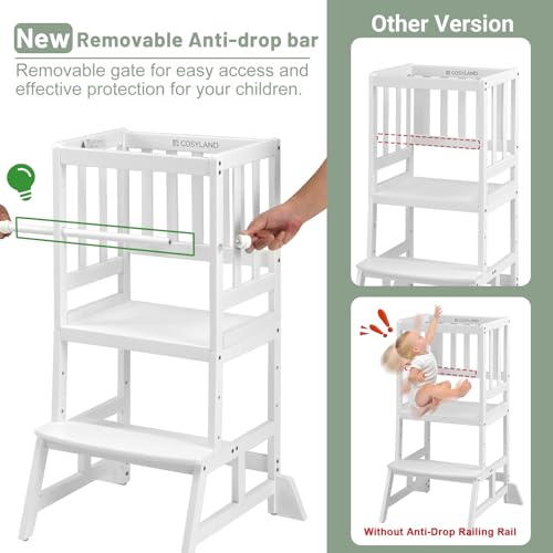 Image of COSYLAND Kids Kitchen Step Stool, Height Adjustable Toddler Standing Tower Nursery Helper with CPC & FSC Certification, Removable Safety Railing Enjoys Exclusive Paten,White