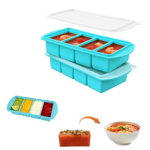runpeak Silicone Freezer Moulds 2 PCS Soup Freezer Containers with Lids 4-Compartment Large Ice Cube Tray for Meal Prep 250ml Portion Control Food Storage for Soups and Sauces Blue