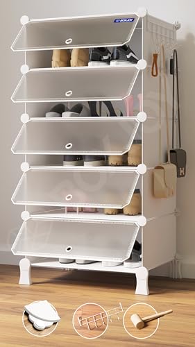 BOXJOY 5 Shelf Shoe Rack Box Organizer with 5 Doors, Strong Magnets & 5 Hook Steel Holder for Home Storage, PP Plastic Cabinets with Metal Frame, Chappal Slipper Stand (White Rack, Translucent Door)