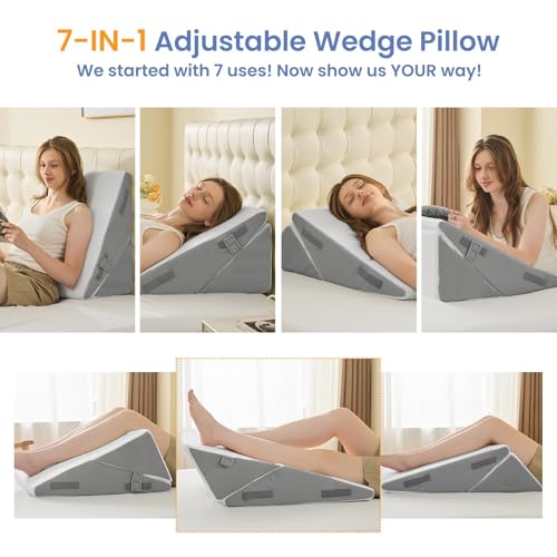 Image of Sasttie Wedge Pillow for After Surgery, Adjustable Bed Wedge Pillow Headboard for Acid Reflux, Sleeping, Neck & Back Support, with Removable Cover, Dark Grey & White