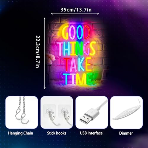 Image of Neon Sign, Good Tings Take Time Neon Signs for Wall Decor - Dimmable Motivational LED Signs for Bedroom, Living room, Offices, Home Decor - USB Powered Light Up Sign Decorations Gift