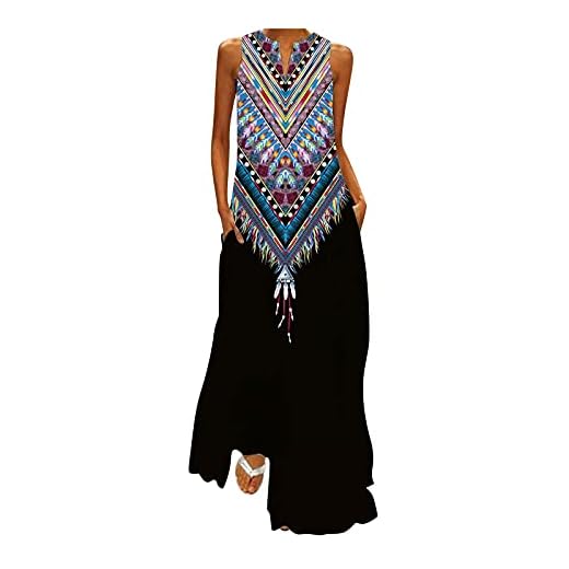 Vestido Largo Elegantes Sin Mangas para Mujer, VEMOW Fiesta de Verano Vestidos Vintage Maxi Partido Playa de Informal Sueltos Falda con Cuello en V Bolsillos Estampado de Retro Talla Grande(E Azul,XL)