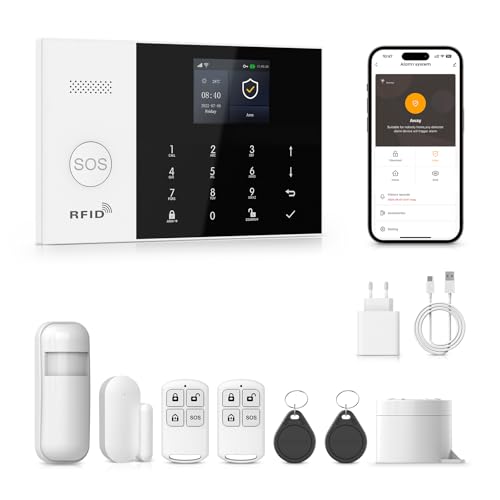 PGST Kit Alarma Casa con Aviso al Movil, Sistema de Alarma para Casa WiFi y 4G gsm sin cuotas con Pantalla 2.4” y Batería de 1000 mAh,Aplicación Tuya Smart Life, Alexa y Google