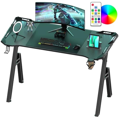 Gaming Tisch mit LED, 120x60 Gaming Schreibtisch, Gamer Tisch A Rahmen Stabiler PC Gaming mit Kühle Kohlefaserbeschichtung, Ergonomischer mit Kopfhörerhaken und Getränkehalter, Einfach zu Montieren