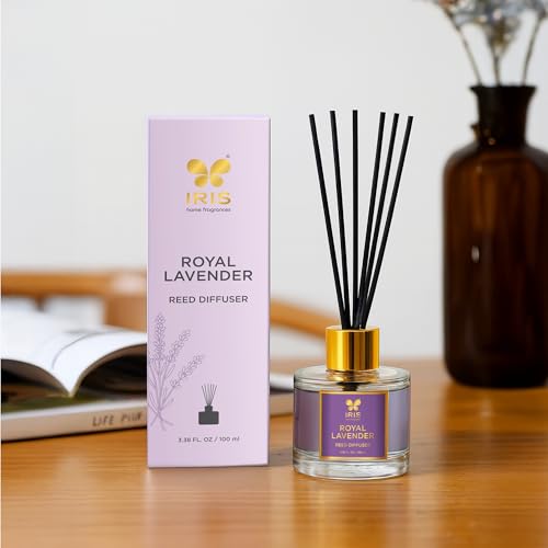 Image of IRIS Aroma Reed Diffuser - 100ml | Elegant Home Fragrance with 6 Fiber Reeds, Glass Round Bottle with Gold Cap | Aroma Diffuser for Cozy Decor & Gifting (Royal Lavender)