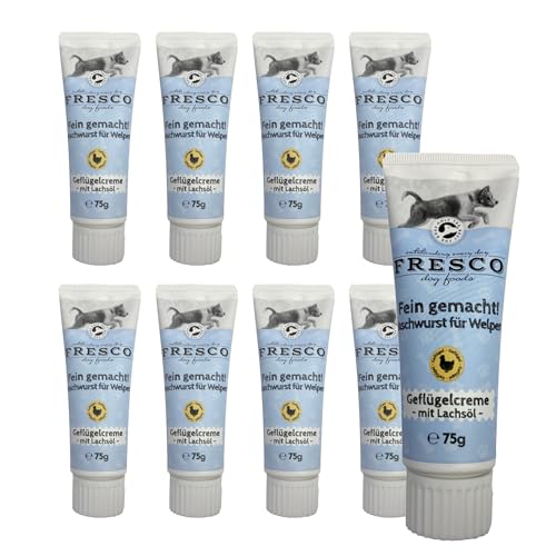 FRESCO Dog Fein Gemacht! Geflügel Leberwurst Hunde Tube | Für Welpen & mit Lachsöl | Gesundes Hundetraining | Premium Hundeleckerli getreidefrei | 9 x 75g | Aus Deutschland