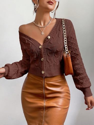 Women Cardigan Outerwear Coats Knit Lantern Sleeve Button Front Crop Cardigan2