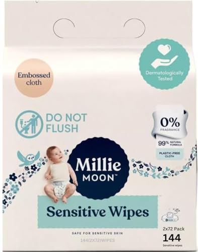Millie Moon Sensitive Baby Wipes, Plastic-Free, 99% Natural Formula, 144 Count