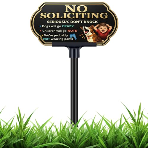 Image of Funny No Soliciting Sign for House with Adjustable 37 inch Stake, Dogs & Kids are Crazy Private Property Sign for Yard, 10x5 inch Rust-Free Aluminum, UV Protected for Lawn and Home