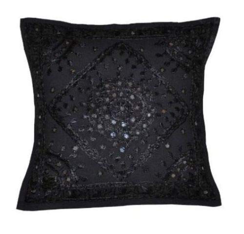 Kissenbezug, indischer Stil, 40,6 x 40,6 cm, verspiegelt, bestickt, bunt, dekorativ, Boho-Chic, Bohemian-Stil, handgefertigt, Schwarz Cover