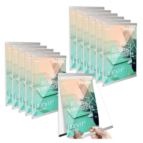 Golemas Acrylic Magnetic Sign Holder, Easy-Opening 8.5 x 11 Wall Mount Display Frames, Self Adhesive Back Plastic Clear Document Holder, Silver Aluminium Strips Frame (8.5 x 11, 12Pack)