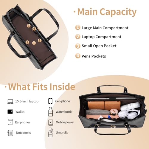 BERTASCHE Laptop Tote Bag with Insulated Lunch Compartment, 15.6 Inch PU Leather Work Bag Computer Briefcase for Women, Waterproof Laptop Shoulder Handbag for Business,Office,Work, Black4