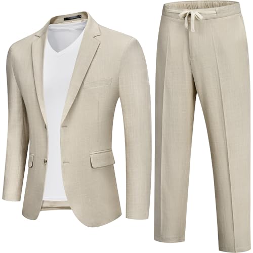 MAGE MALE Men's 2 Piece Linen Suits Set Casual Lightweight Blazer Jacket and Pants for Wedding Business Prom