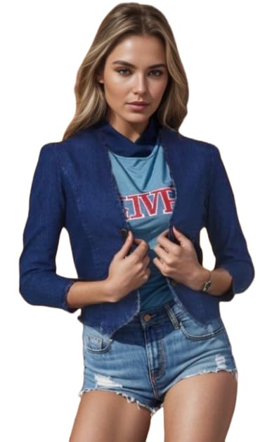 Wingzss Women's Denim Cropped Jacket, 3/4 Sleeve, Dark Blue-picture-39