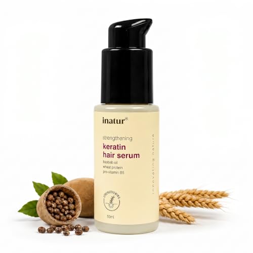 Image of inatur Strengthening Keratin Hair Serum | Restores Shine & Repairs Damage | Strengthens, Protects & Smoothens | Frizz Control & Safe for Color-Treated Hair | Lightweight & Non-Greasy Formula | 50ml