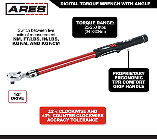 Image of ARES 43008-1 /2-Inch Drive Flex Head Digital Torque Wrench - Torque and Angle Readings - 25-250 ft-lb (30-340 Nm) Electronic Reversible Ratchet, Multi-Alert, ±2% Accuracy - Auto, Motorcycle, Mechanic