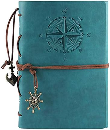 Leather Writing Journal Notebook, Vintage Nautical Spiral Notebook Refillable Diary Sketchbook Travel Journals to Write in with Blank Pages and Retro Pendants (Sky Blue)