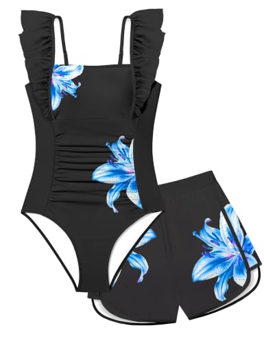 Image of NECIOUS Girls Swimsuit Ruffle Adjustable Straps One Piece Bathing Suit Solid Color Ruched Girls' Swimwear 9-16Y